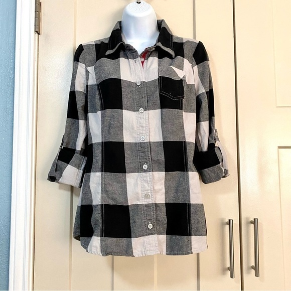 Black White Long Sleeve Button-down Plaid Cotton Flannel Shirt Medium Grunge - Picture 3 of 15